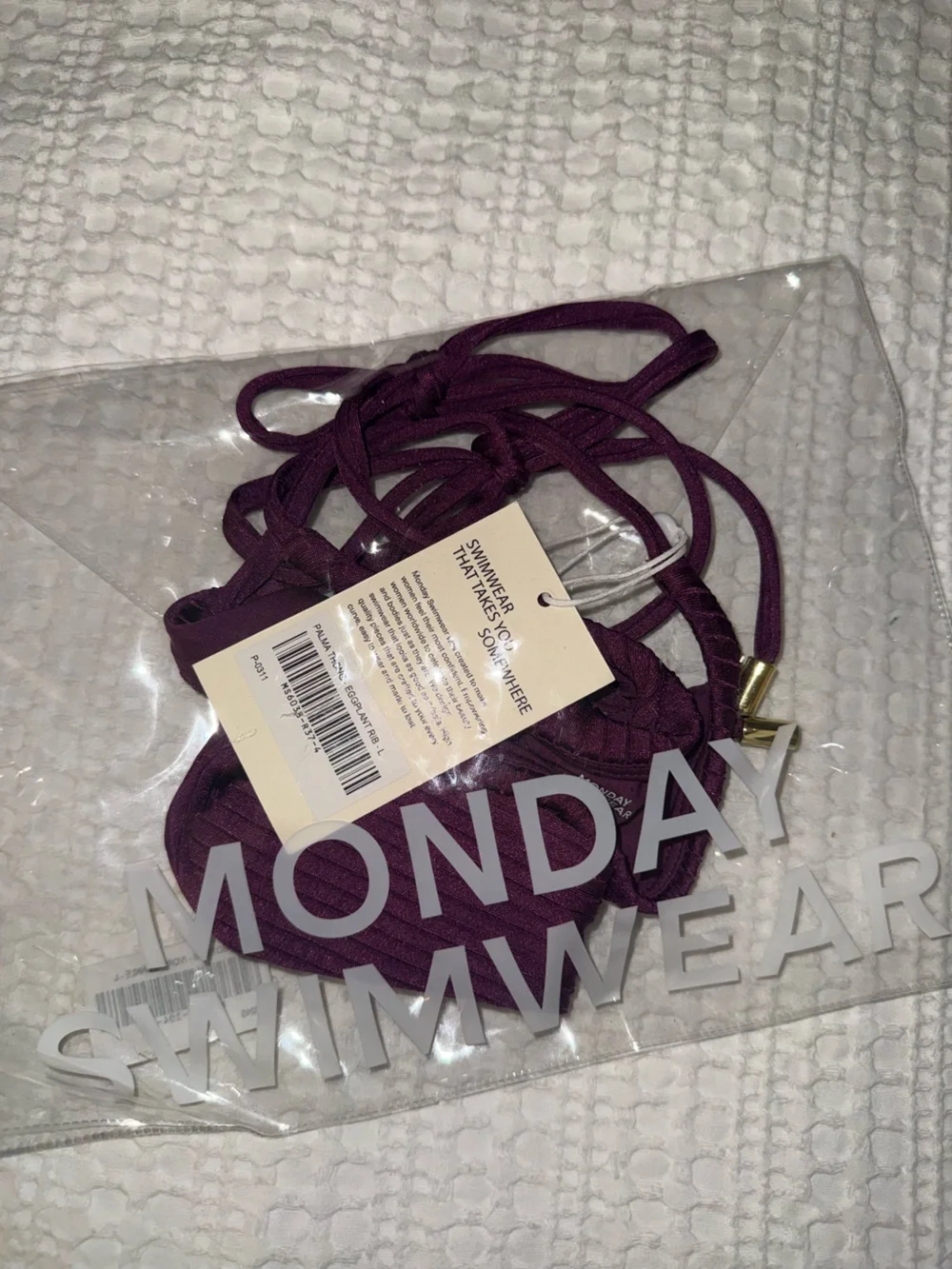 Monday Swimwear NWT new palma thong in ribbed purple eggplant size large bikini